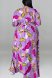 Purple Casual Print Patchwork Slit V Neck Straight Plus Size Dresses