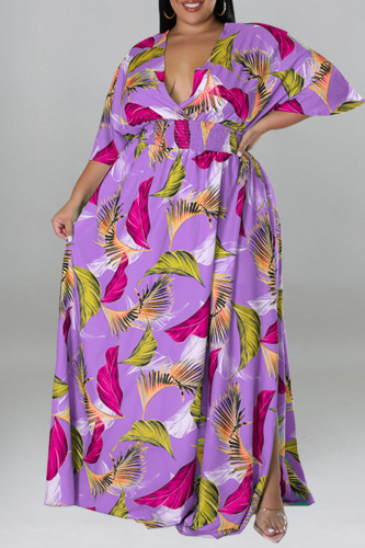 Purple Casual Print Patchwork Slit V Neck Straight Plus Size Dresses