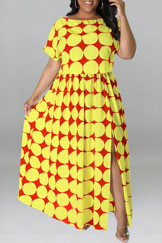 Yellow Casual Print Patchwork Slit O Neck Straight Plus Size Dresses