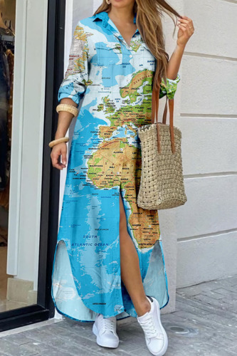 Sky Blue Casual Print Patchwork Buckle Turndown Collar Shirt Dress Dresses