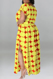 Yellow Casual Print Patchwork Slit O Neck Straight Plus Size Dresses