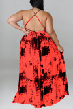 Red Sexy Print Patchwork Slit Spaghetti Strap Sling Dress Plus Size Dresses