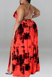 Red Sexy Print Patchwork Slit Spaghetti Strap Sling Dress Plus Size Dresses