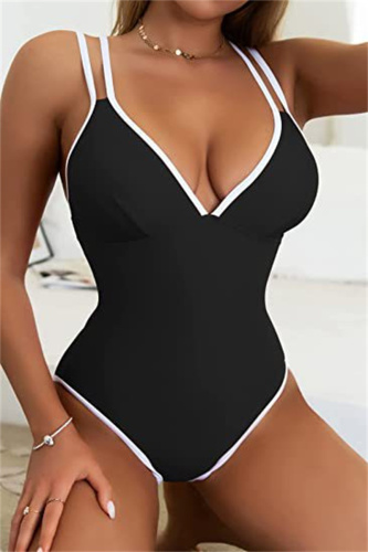 Black Fashion Sexy Solid Patchwork Backless Swimwears (With Paddings)