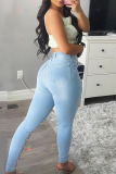 Deep Blue Fashion Casual Solid Bandage Hollowed Out High Waist Skinny Denim Jeans