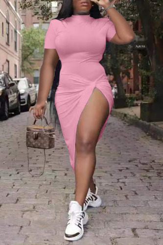 Pink Casual Solid Patchwork Slit O Neck One Step Skirt Dresses