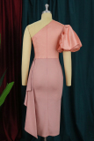 Pink Fashion Sexy Solid Patchwork Backless Oblique Collar Evening Dress