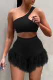 Black Fashion Sexy Solid Patchwork Backless One Shoulder Two Pieces