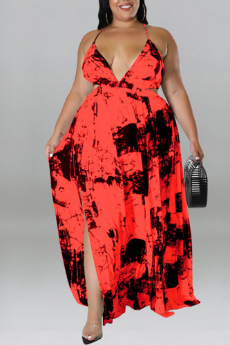 Red Sexy Print Patchwork Slit Spaghetti Strap Sling Dress Plus Size Dresses