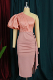 Pink Fashion Sexy Solid Patchwork Backless Oblique Collar Evening Dress