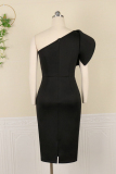 Black Fashion Sexy Solid Patchwork Slit One Shoulder Evening Dress