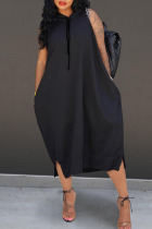 Black Casual Solid Patchwork Hooded Collar Straight Dresses