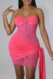 Pink Fashion Sexy Patchwork Solid See-through Backless Strapless Sleeveless Two Pieces