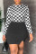 Black White Fashion Casual Plaid Print Patchwork O Neck Long Sleeve Two Pieces