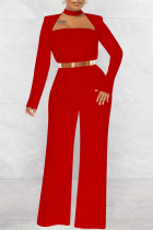 Red Fashion Casual Solid Hollowed Out O Neck Regular Jumpsuits (Without Belt)
