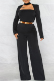 Black Fashion Casual Solid Hollowed Out O Neck Regular Jumpsuits (Without Belt)