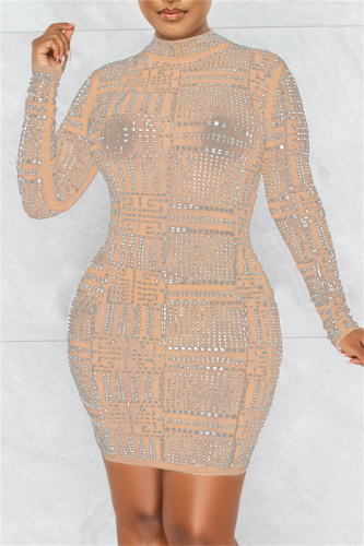 Apricot Fashion Sexy Patchwork Hot Drilling See-through Half A Turtleneck Long Sleeve Dresses