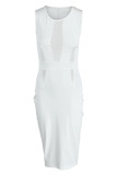 White Elegant Solid Patchwork See-through O Neck Dresses