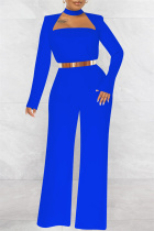 Blue Fashion Casual Solid Hollowed Out O Neck Regular Jumpsuits (Without Belt)