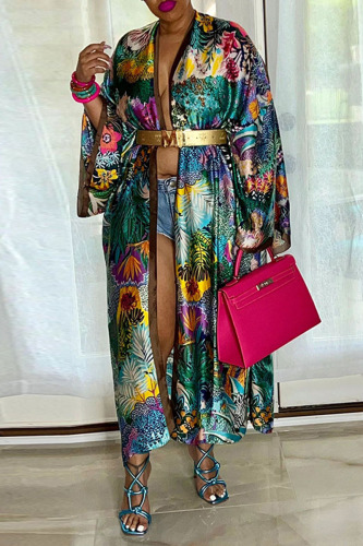 Green Fashion Casual Print Patchwork Outerwear(Without Belt)