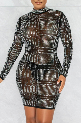 Black Fashion Sexy Patchwork Hot Drilling See-through Half A Turtleneck Long Sleeve Dresses