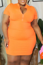Orange Fashion Casual Plus Size Solid Basic Zipper Collar Short Sleeve Dress