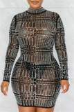 Black Fashion Sexy Patchwork Hot Drilling See-through Half A Turtleneck Long Sleeve Dresses