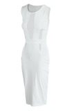 White Elegant Solid Patchwork See-through O Neck Dresses