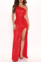 Red Fashion Sexy Patchwork Sequins Backless Slit Oblique Collar Sleeveless Dress