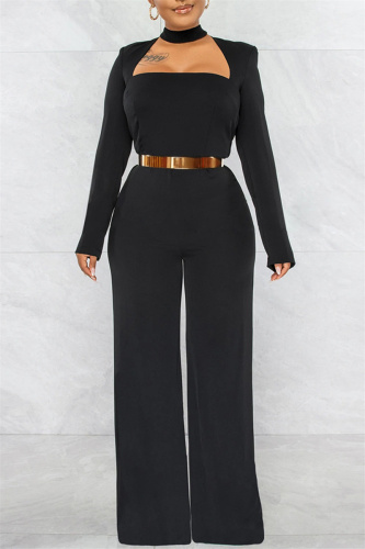 Black Fashion Casual Solid Hollowed Out O Neck Regular Jumpsuits (Without Belt)