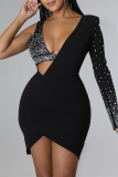 Black Fashion Sexy Patchwork Hot Drilling Hollowed Out Asymmetrical V Neck Long Sleeve Dresses