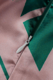 Green Fashion Casual Print Patchwork Oblique Collar Irregular Dress Dresses