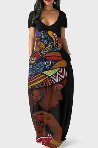Black Brown Flag Stars Print V Neck Colorblock Short Sleeve Floor Length Long Loose Maxi Dress