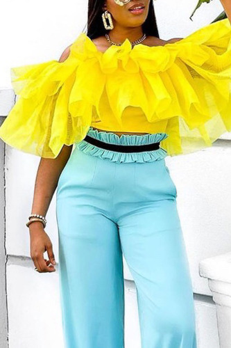 Yellow Sweet Solid Patchwork Flounce Off the Shoulder T-Shirts