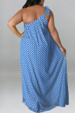 Blue Casual Print Polka Dot Bandage Patchwork Oblique Collar A Line Plus Size Dresses