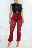 Burgundy Sexy Solid Lace Boot Cut High Waist Speaker Solid Color Bottoms