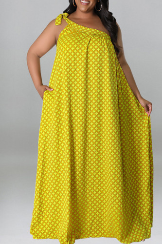 Yellow Casual Print Polka Dot Bandage Patchwork Oblique Collar A Line Plus Size Dresses