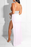 White Fashion Sexy Patchwork Hot Drilling Backless Slit V Neck Sling Dress