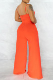 Orange Fashion Sexy Solid Hollowed Out Patchwork Backless Slit Spaghetti Strap Regular Jumpsuits