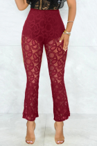 Burgundy Sexy Solid Lace Boot Cut High Waist Speaker Solid Color Bottoms