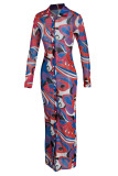 Rose Red Sexy Print Patchwork Buckle Turndown Collar One Step Skirt Dresses