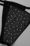 Black Sexy Vacation Patchwork Draw String Hot Drill Swimwears