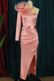 Pink Elegant Solid Patchwork Appliques Slit O Neck Dresses