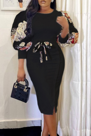 Black Fashion Print Patchwork O Neck Pencil Skirt Dresses
