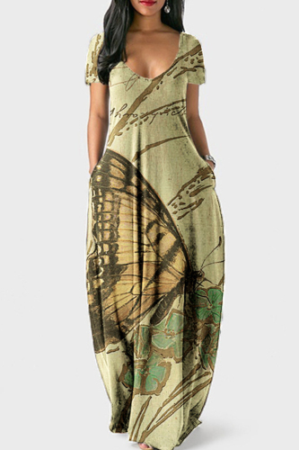 Apricot Flag Stars Print V Neck Colorblock Short Sleeve Floor Length Long Loose Maxi Dress