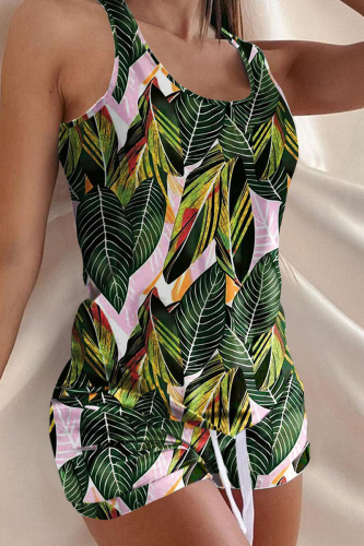 Green Fashion Casual Print Basic U Neck Sleeveless Two Pieces