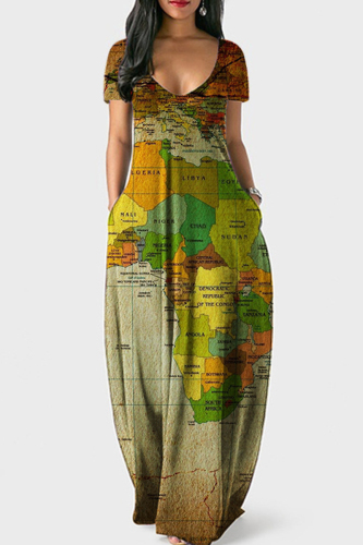 Green Flag Stars Print V Neck Colorblock Short Sleeve Floor Length Long Loose Maxi Dress
