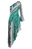 Green Fashion Casual Print Patchwork Oblique Collar Irregular Dress Dresses