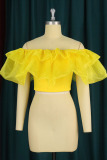 Yellow Sweet Solid Patchwork Flounce Off the Shoulder T-Shirts