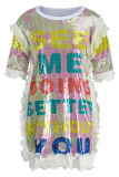White Fashion Casual Letter Print Sequins Patchwork O Neck Dresses